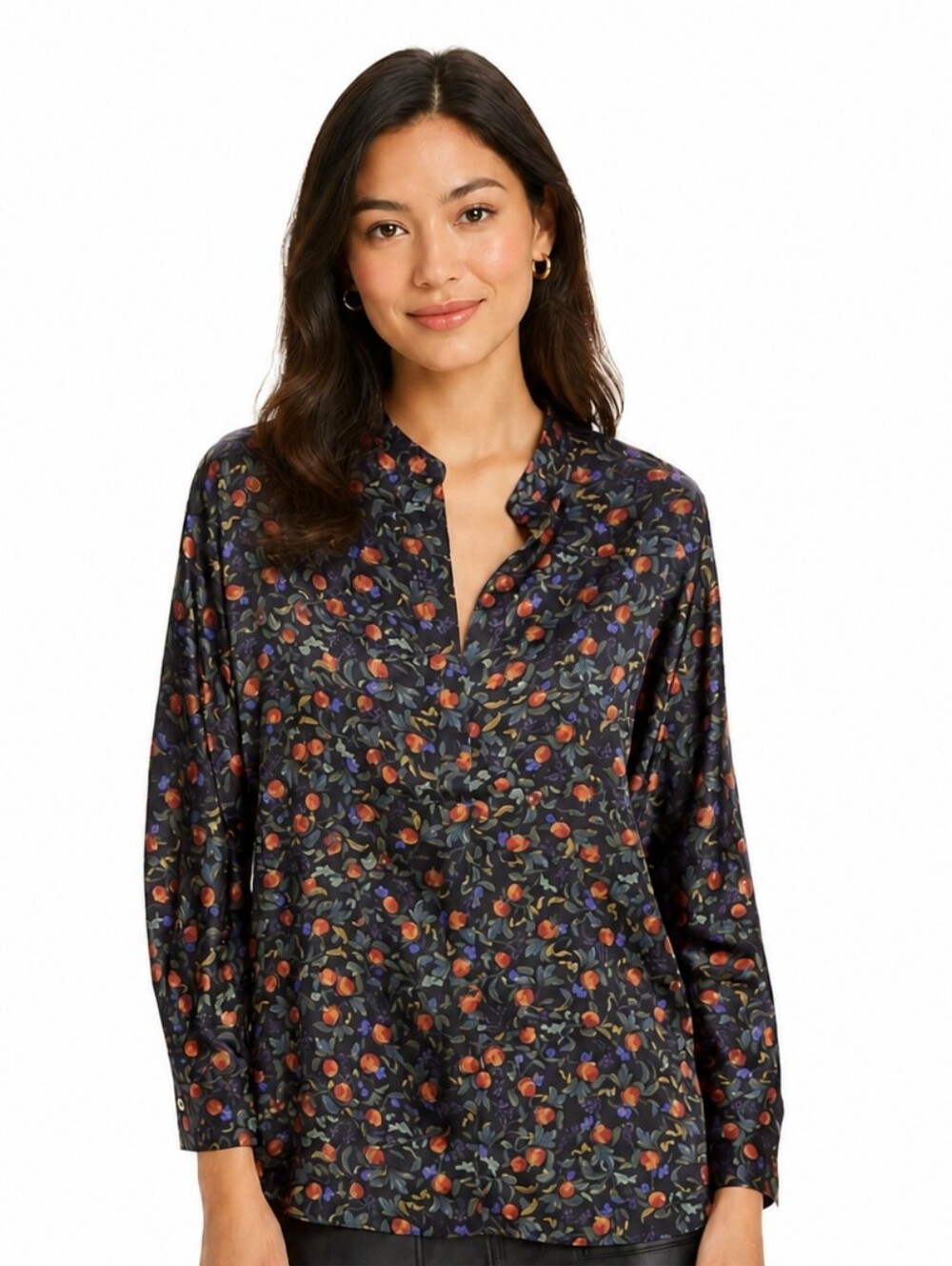 Vince Pomegranate Floral Relaxed 2X Long Sleeve Blouse Satin Pearl Black Red Top